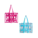 Opposite outside view of hot pink and blue CamPaq mediumclear bags showing 3 pockets on one side, 2 on the other, with handles.