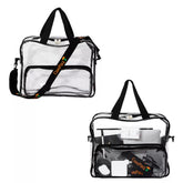 Clear campaq work bags with black handles and straps on a white background