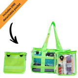 Green clear CamPaq toiletry bag filled with toiletries and with detachable opaque pocket on a white background