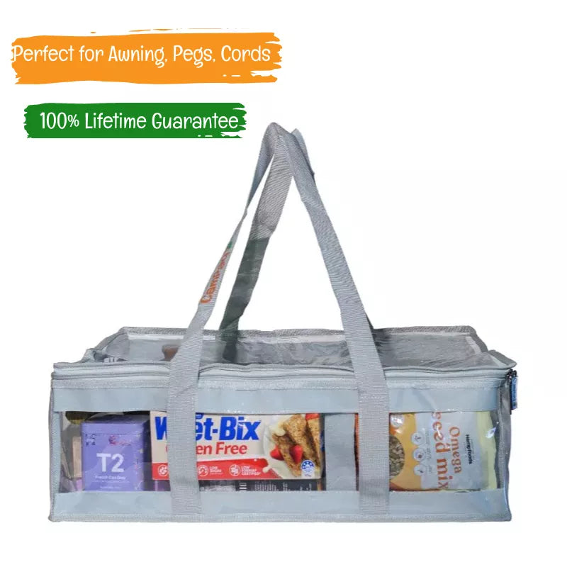 Grey CamPaq clear under bed storage bag with handles filled with pantry items