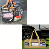 Large clear black camping bag held by person plus sand clear under bed storage bag bundles