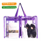 Purple clear CamPaq camping bag showing 2 side pockets with shoes and a book inside, on a white background.