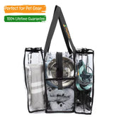 Medium black clear CamPaq camping bag filled with dog gear blanket, bowl, leads side view