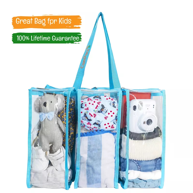 Medium blue clear CamPaq camping bag showing front 3 pockets filled with baby gear