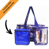 Navy blue CamPaq clear toiletry bag filled with toiletries and showing opaque privacy pocket