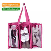 Medium hot pink clear campaq camping bag with shoes inside, on a white background