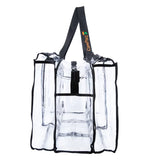Side view of large black clear camping bag with handles on white background