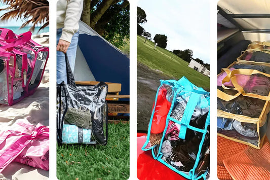 4 images of clear camping bags various sizes