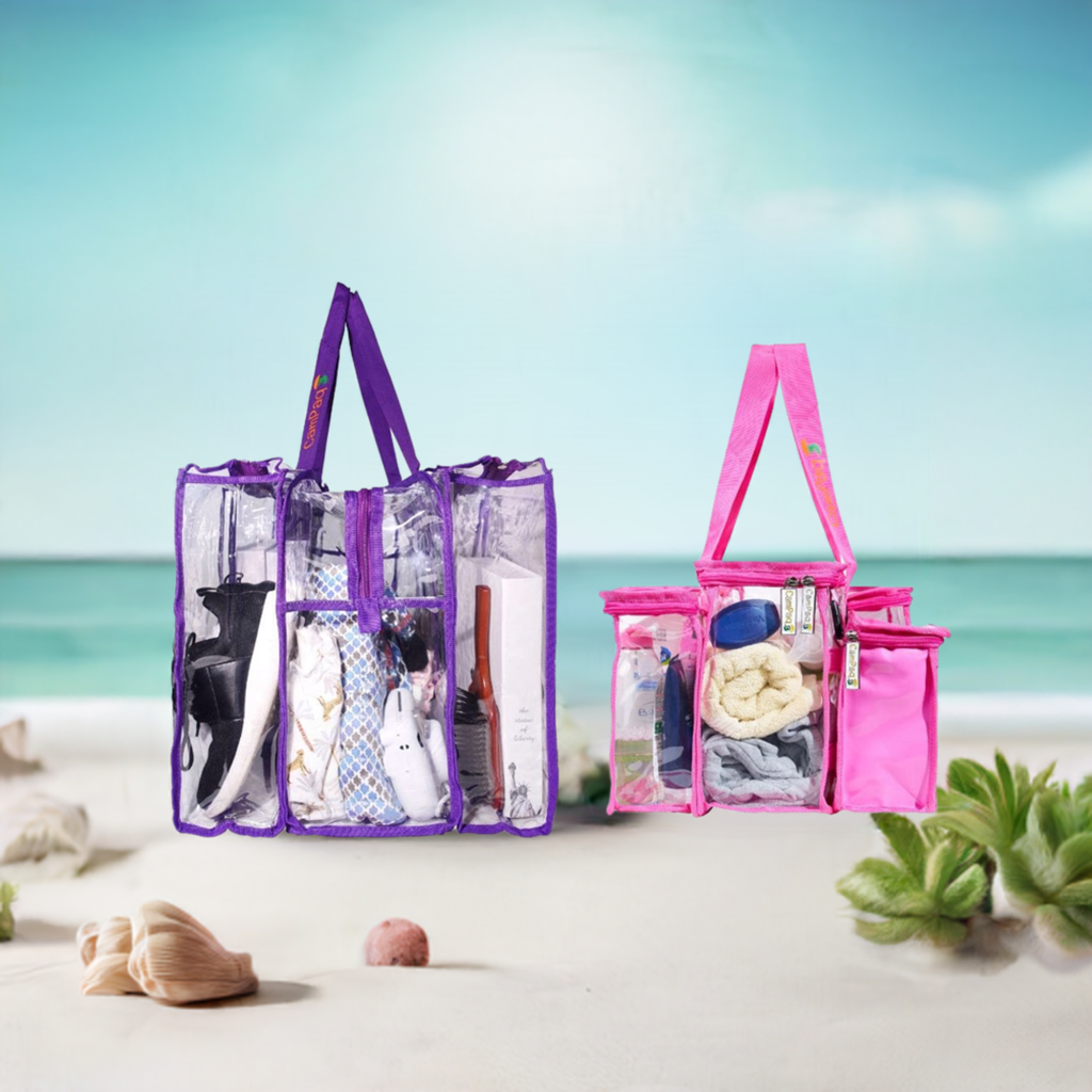 Large purple and hot pink medium clear camping bags on beach