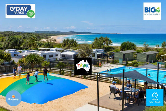 Jumping pillow and pool at beach caravan park