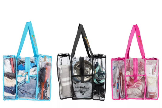 3 clear medium camping bags packed with camping gear