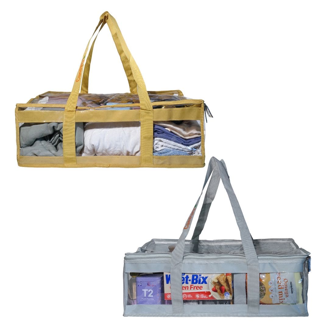 Beige and sand under bed bags filled with linen and pantry items