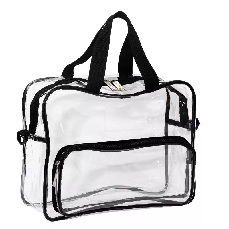 Angle view of clear campaq work/ bag showing black carry handles