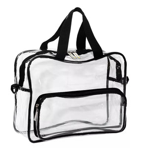 Angle view of clear work/travel bag showing black carry handles