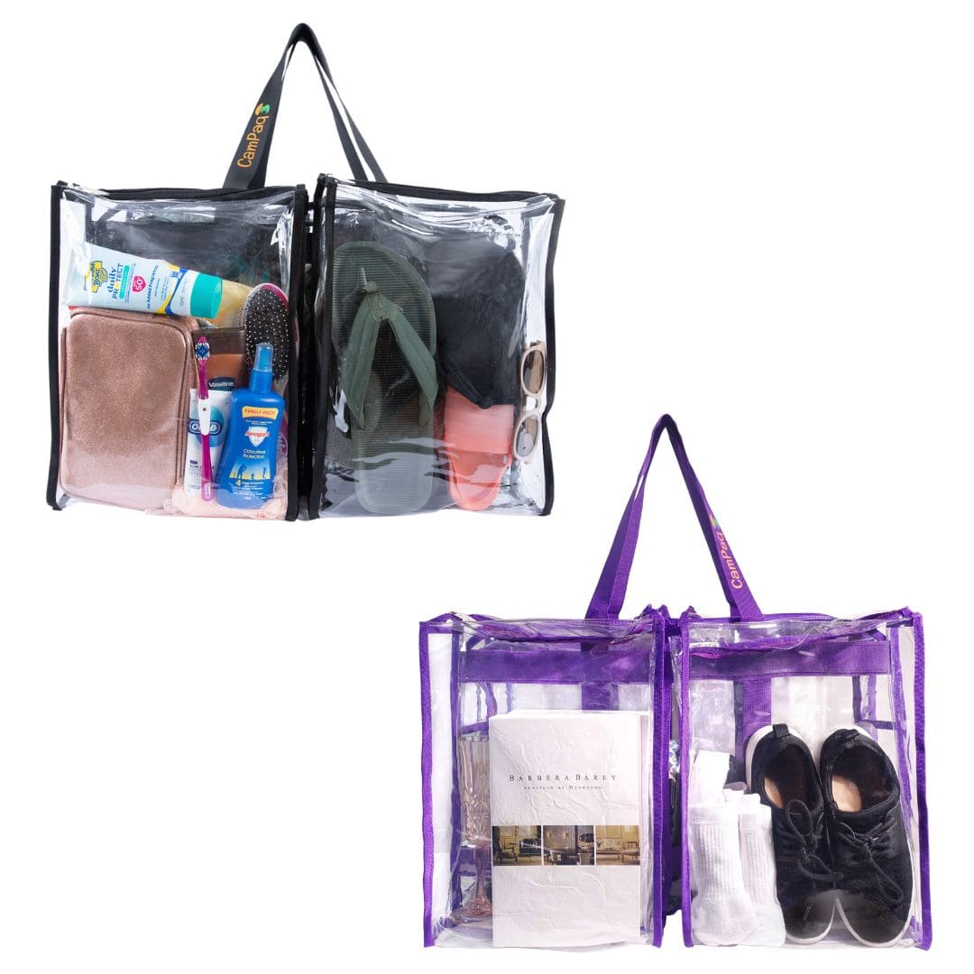 Front view of both purple and large CamP travel gear, shoes, clothes, toiletries