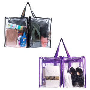 Front view of both purple and large CamP travel gear, shoes, clothes, toiletries