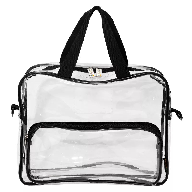 Clear campaq work bag with black carry handles and zippers on a white background