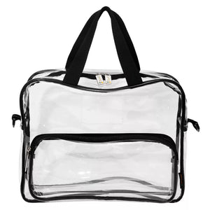Clear work bag with black carry handles and zippers on a white background