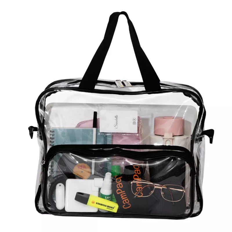 Clear campaq work bag with black handles and trim, containing various items