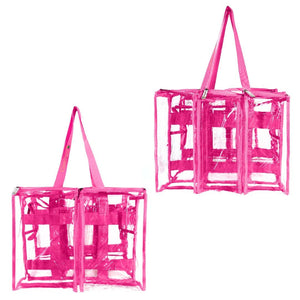 Opposite outside view of hot pink medium CamPaq clear bag bundle showing 3 pockets on one side, 2 on the other, with handles.