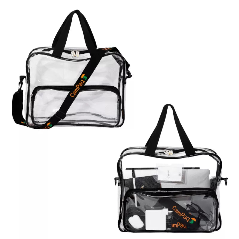 Clear campaq work bags with black handles and straps on a white background