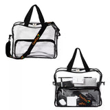 Clear campaq work bags with black handles and straps on a white background