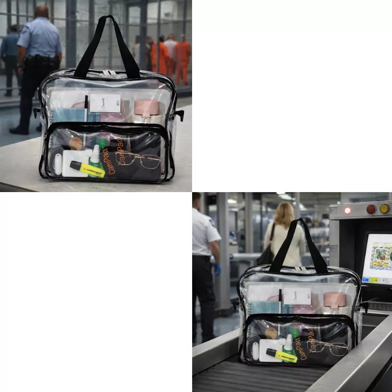 2 photos of clear campaq work bag with black straps containing laptop and business items at an airport security checkpoint.