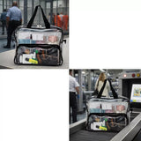 2 photos of clear campaq work bag with black straps containing laptop and business items at an airport security checkpoint.