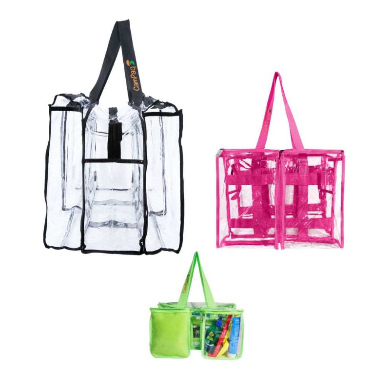 Large black plus medium hot pink plus green toiletry CamPaq clear camping bags