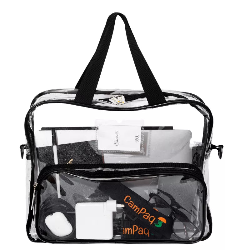 Front view of clear campaq work  bag showing black carry handles and items in pockets including strap inside