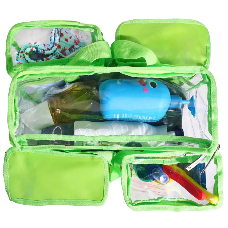Green clear toiletry pocket with 2 privacy pockets filled with toiletry items view from top