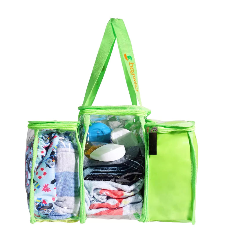 Green clear toiletry pocket side view with toiletries and privacy pocket