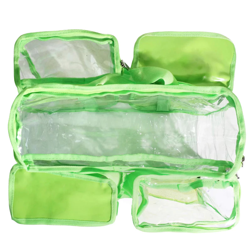 Green clear CamPaq toiletry bag with 2 opaque privacy pockets view from top