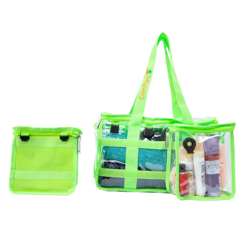 Green clear toiletry bag with toiletries showing detached privacy pocket separated
