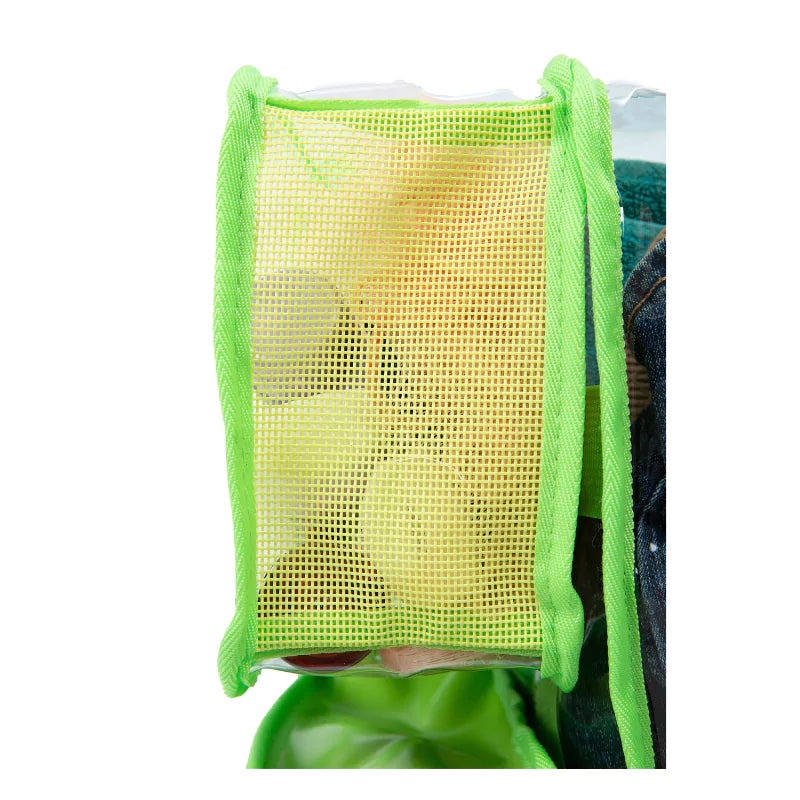 Green CamPaq toiletry bag showing mesh bottom of one pocket