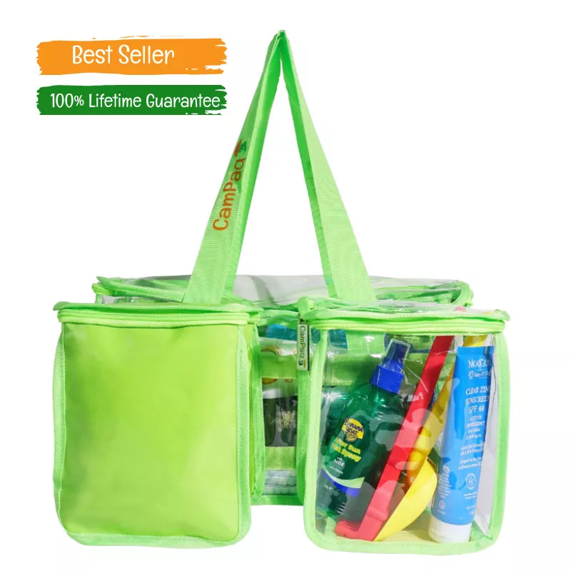 Green clear CamPaq toiletry bag filled with toiletries and showing front view with opaque pocket