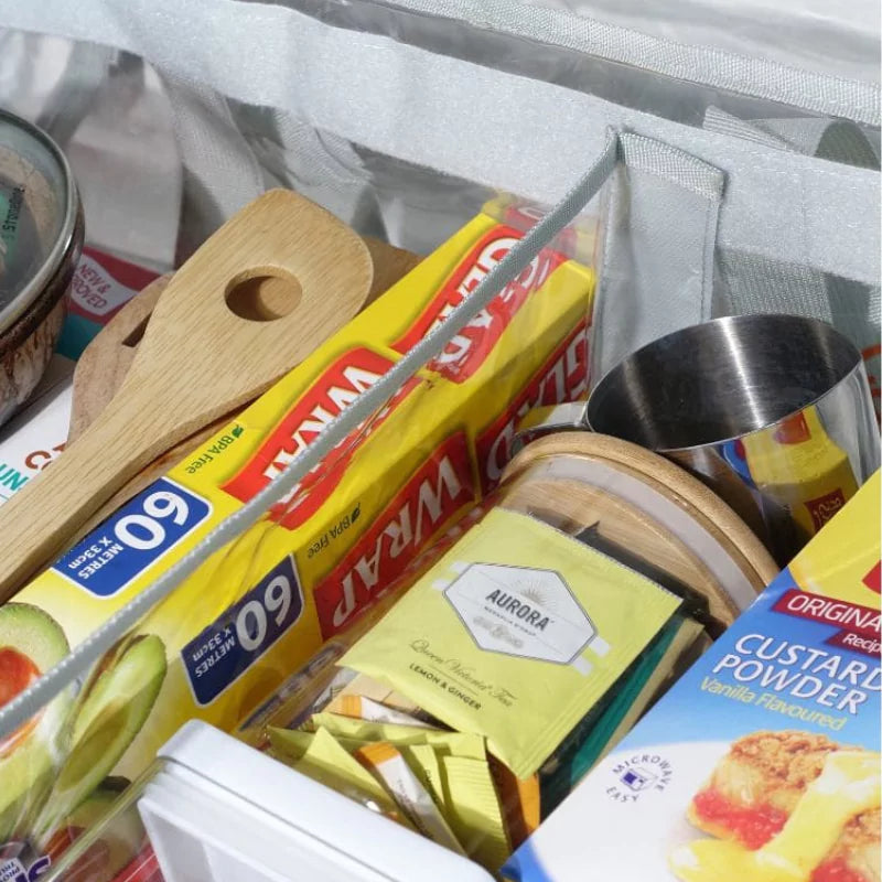 Grey clear under bed CamPaq storage bag interna velcro divider separating pantry items