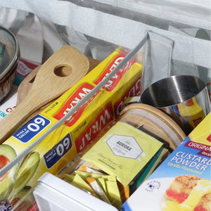 Grey clear under bed storage bag interna velcro divider separating pantry items