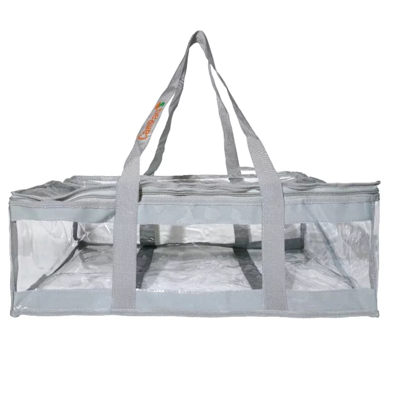 Grey under bed clear CamPaq storage bag long side view empty