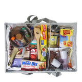 Grey under bed CamPaq clear storage bag top view packed with pantry items and utensils