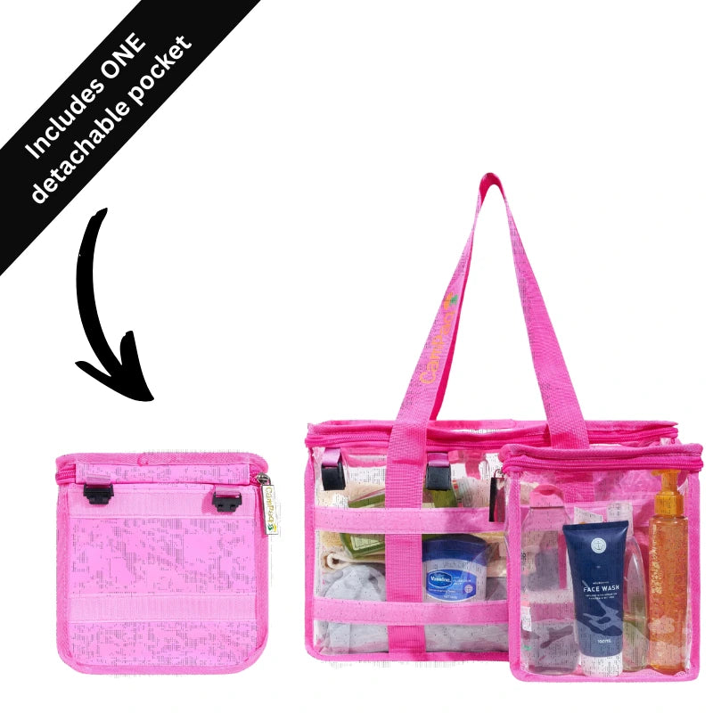 Hot pink CamPaq clear toiletry bag showing toiletries and detachable opaque pocket