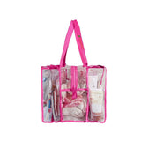 Side view of medium hot pink CamPaq clear bag packed with baby gear and toys