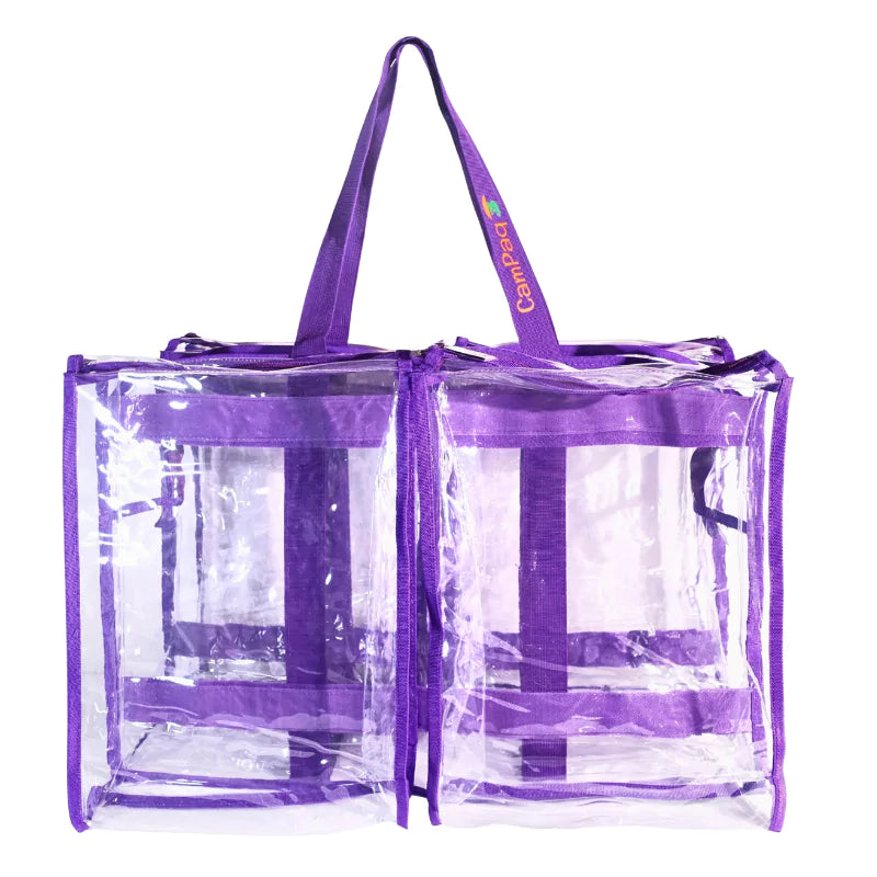 Large purple trim clear CamPaq camping bag with handles showing multiple pockets