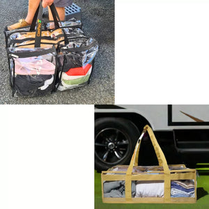 Large clear black camping bag held by person plus sand clear under bed storage bag bundles