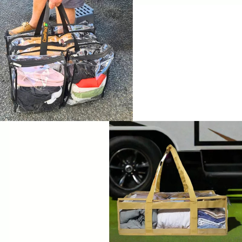 Large clear black camping bag held by person plus sand clear under bed storage bag bundles