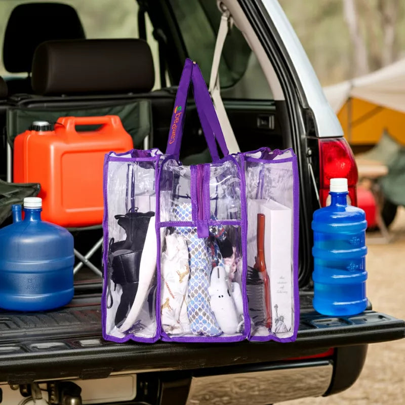 Large purple trim clear camping bag on a 4wd tailgate with camping gear and supplies