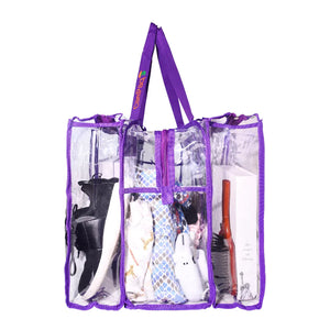 Large purple trim clear camping bag  containing shoes and clothes