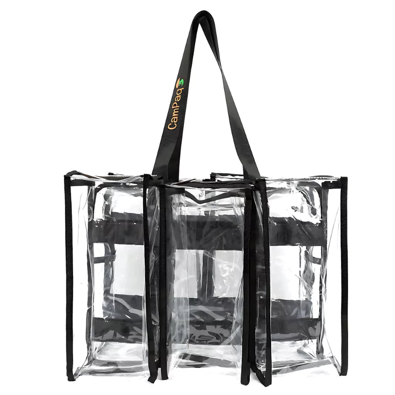 Clear medium black CamPaq camping bag with black straps and showing 3 pockets on one side