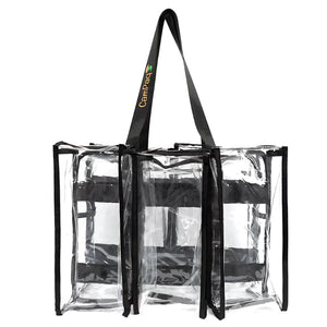 Clear medium black camping bag with black straps and showing 3 pockets on one side