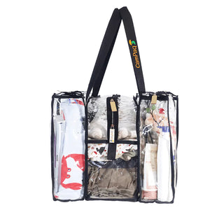 Side view of clear medium black camping bag with black handles displaying various items on a white background